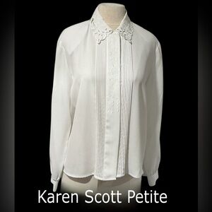 KAREN SCOTT Petites White Polyester Long Sleeve Button Front Dressy Blouse PL